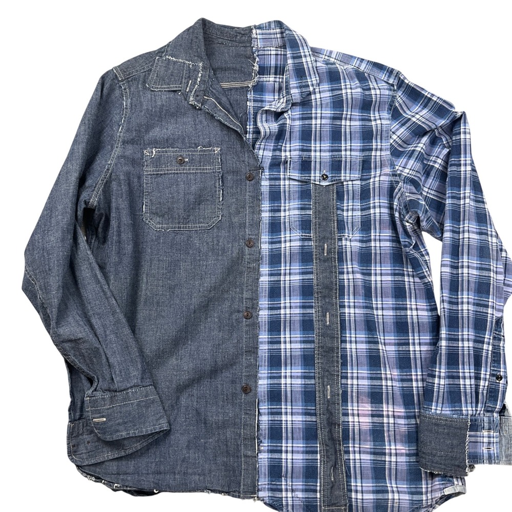 Handmade Patchwork‎ Odd Art Shirt Mens XLarge Blue Plaid Denim Long Sleeve